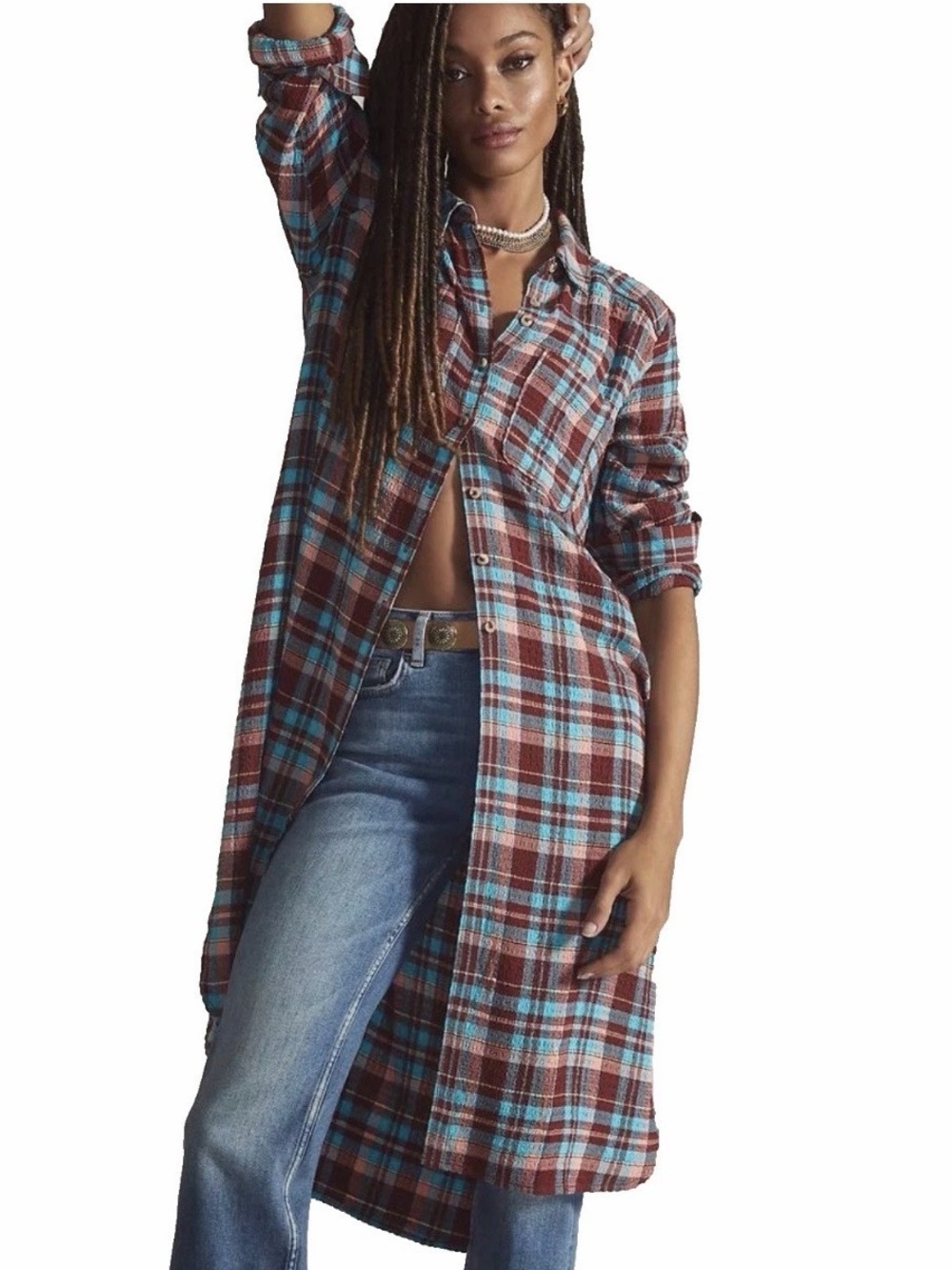 Anthropologie Long Plaid Tunic Shirt in Red and Blue